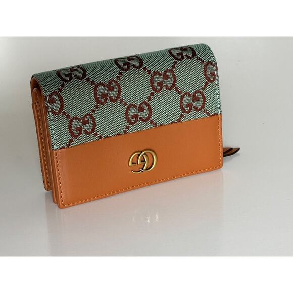Gucci GG Leather/Canvas Compact Bifold Card Wallet Azure/Brown Italy 783118 NIB - Picture 2 of 15